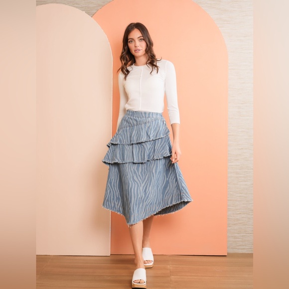 UDEL 70% Cotton Asymmetrical Ruffle A-Line Midi Knee-Length Denim Modest Skir XL - Picture 4 of 16